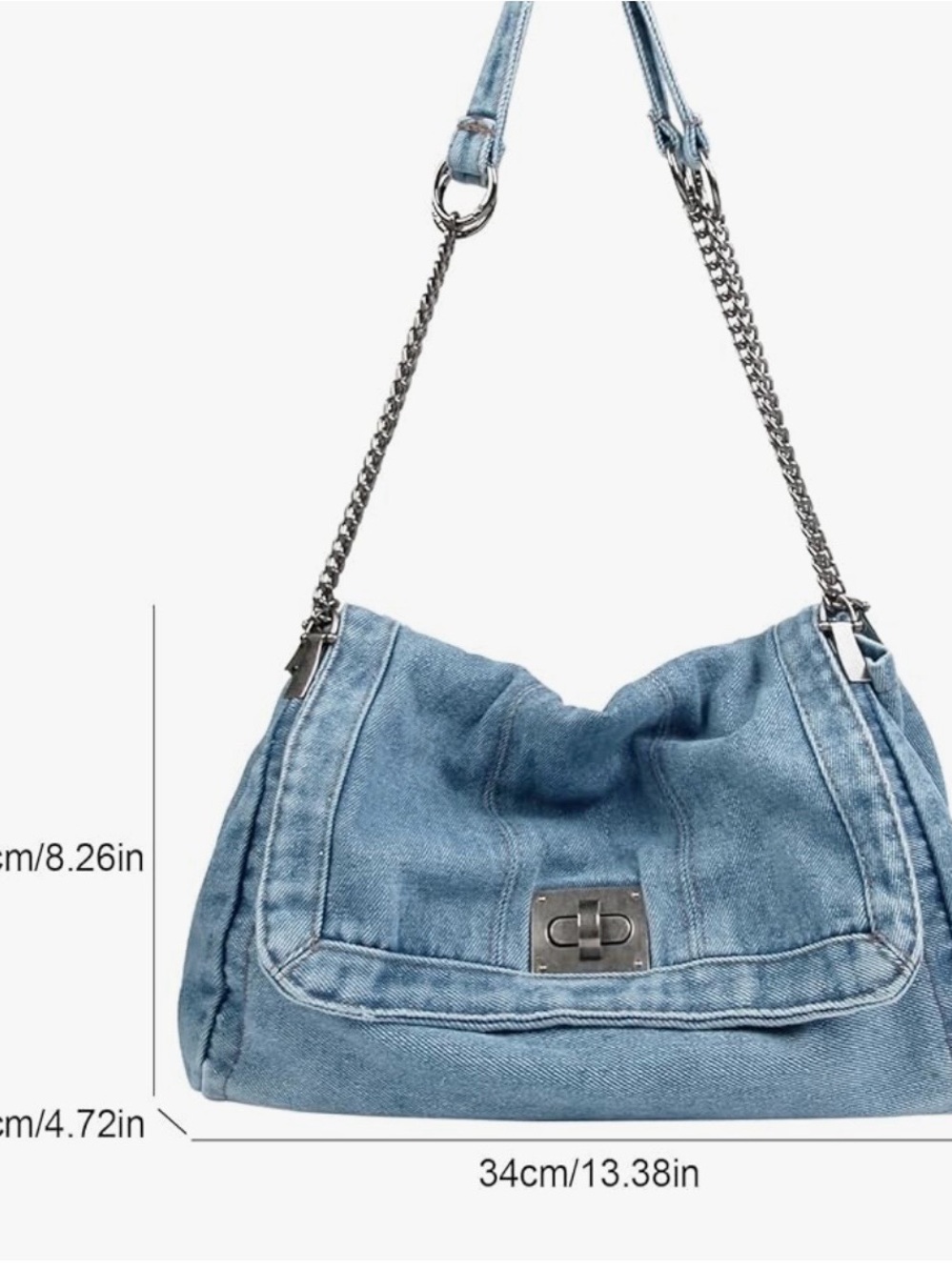 Denim Tote Bag with Chain Strap - Picture 3 of 4